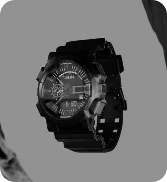 Sleek black design watch suspended between two sleek-looking dark gray rocks